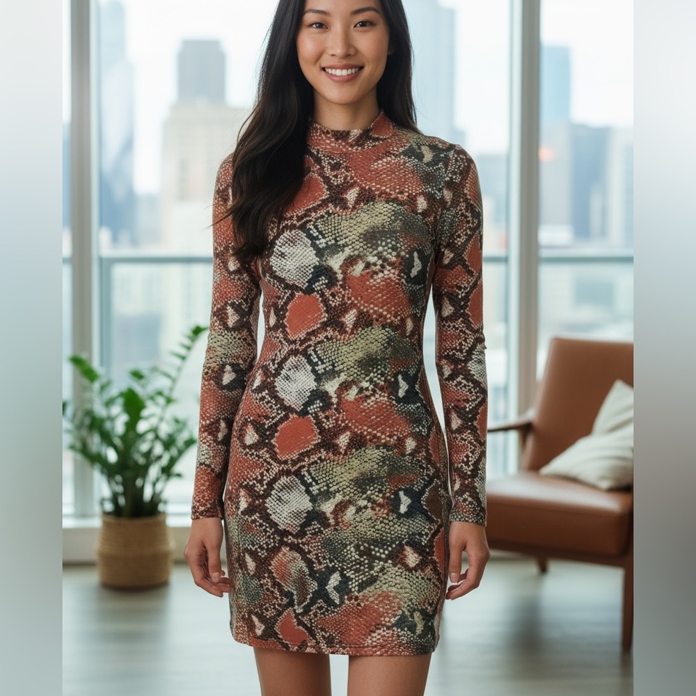 SHEIN Snakeskin Bodycon Mini Dress, Long Sleeve, Size Medium